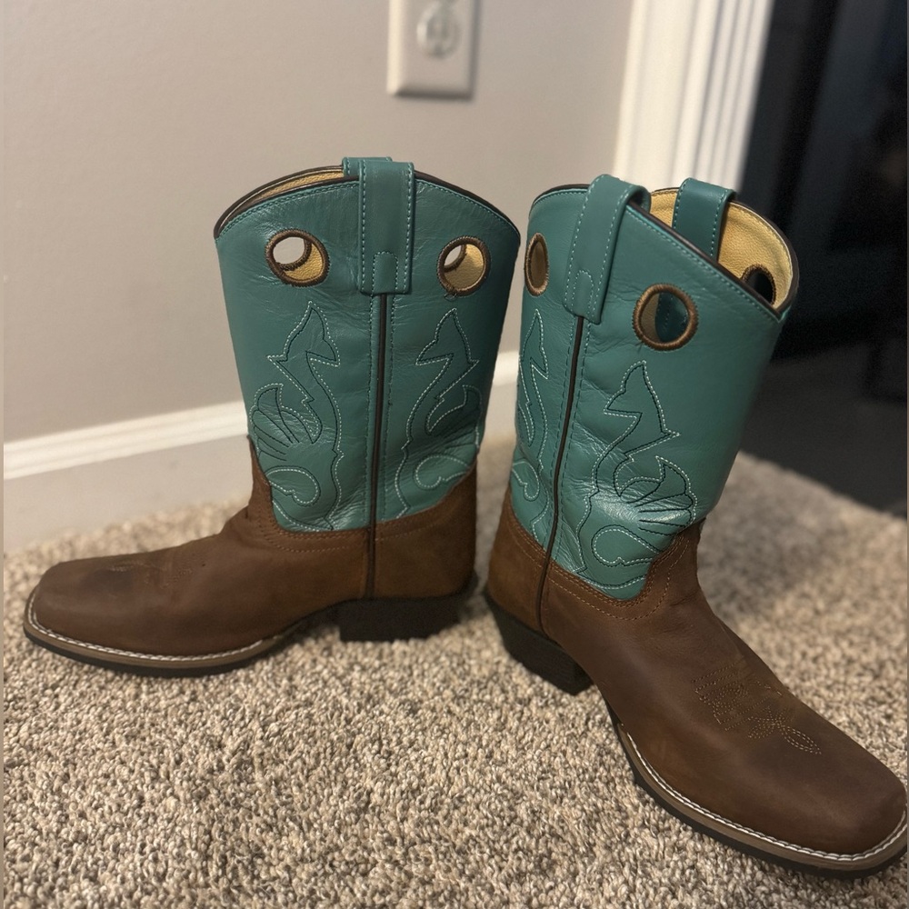 Kids Masterson Boot Co. Brown and Teal Leather Cowboy Boots 3.5